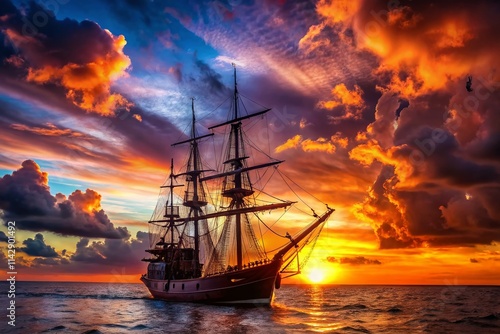 Silhouette Dawn Treader Ship - Majestic Sunrise Seascape Fantasy Art photo