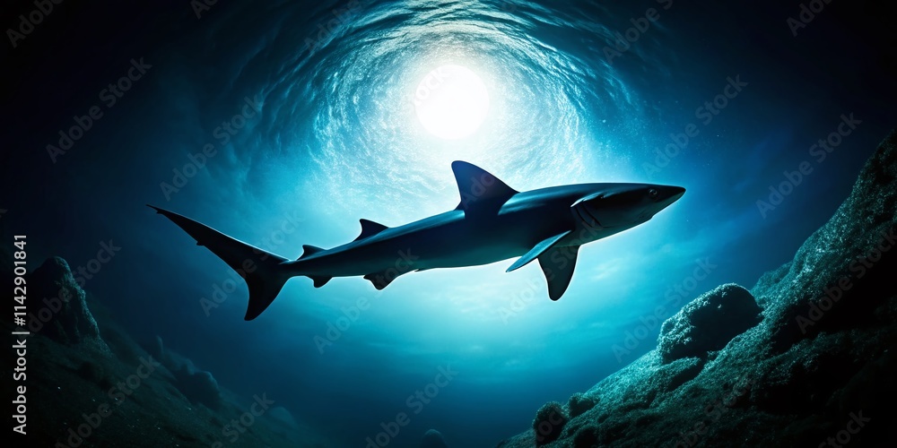 Fototapeta premium Silhouette Dogfish Shark, Ocean Predator, Underwater Wildlife, Dark Sea, Night Dive, Aquatic Life, Marine Animal Silhouette