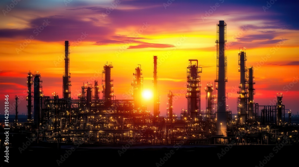 oil refinery silhouetted against a vibrant sunset, intricate pipes and structures creating a stark industrial landscape, merging nature's beauty with human engineering oil refinery silhouetted against a vibrant sunset, intricate pipes and structures creating a stark industrial landscape, merging nature's beauty with human engineering