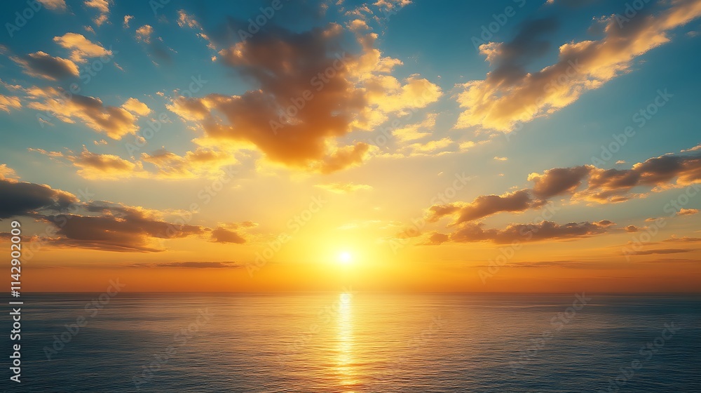Obraz premium Golden Sunset Over Calm Ocean Waters With Clouds