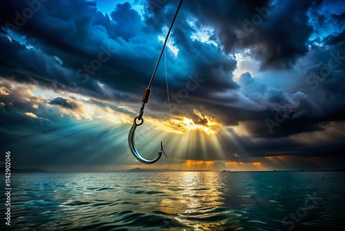 Silhouette Fishing Hook Line, Dark Background, Dramatic Lighting, Angler Silhouette, Fishing Gear Silhouette, Night Fishing Silhouette, Hook Silhouette, Line Silhouette