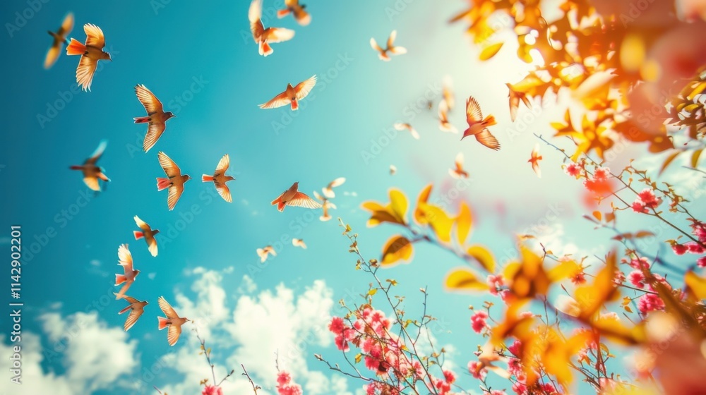 Birds filling the sky with bright colors in spring. Birds filling the sky with bright colors in spring.
