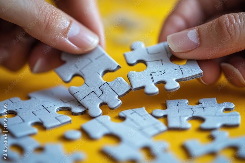 Close-up shot of a person placing a puzzle piece Close-up shot of a person placing a puzzle piece