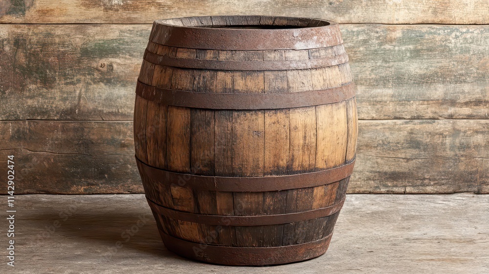 old wooden barrel set against a rustic background, showcasing aged wood textures and a sense of nostalgia, perfect for themes of traditional craftsmanship and heritage old wooden barrel set against a rustic background, showcasing aged wood textures and a sense of nostalgia, perfect for themes of traditional craftsmanship and heritage
