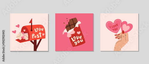 Happy Valentine's Day Greeting Card set. Square posters February 14 celebration of love. Red mailbox, chocolates and Valentine cards clipart. Social media background. Vector flat illustration.