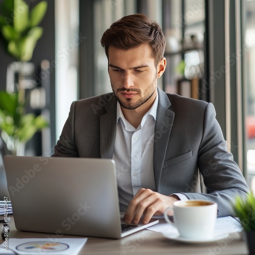 Busy businessman with laptop at office.