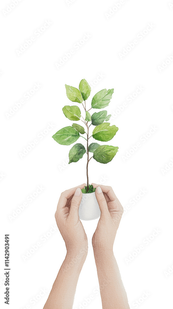 A watercolor illustration of hands holding a small potted plant with green leaves. Sustainable growth, eco-friendly, nature care, plant illustration, environmental conservation. A watercolor illustration of hands holding a small potted plant with green leaves. Sustainable growth, eco-friendly, nature care, plant illustration, environmental conservation.