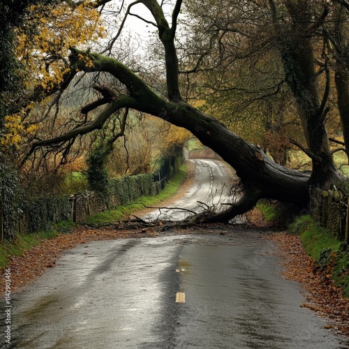 Tree blocks road in Cotswolds. photo