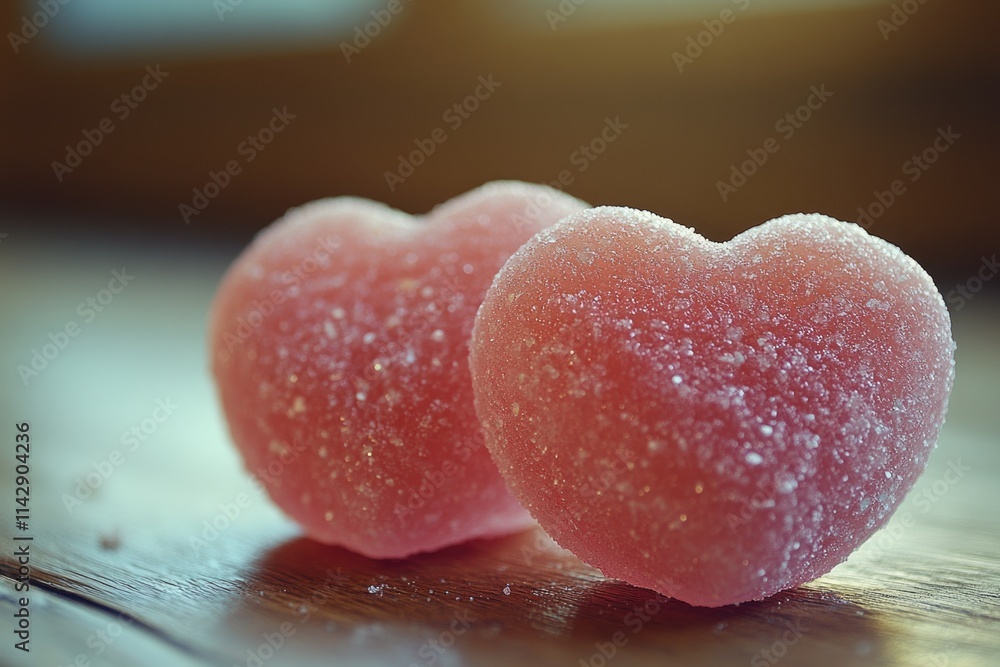 Fototapeta premium Two heart-shaped candies sitting on a wooden table