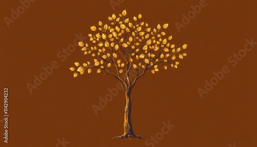 Golden tree with autumn leaves stands on brown background. Simple design. Minimalist illustration. Nature symbol of growth, life. Perfect for eco design, nature themes autumnal motifs. Good for photo