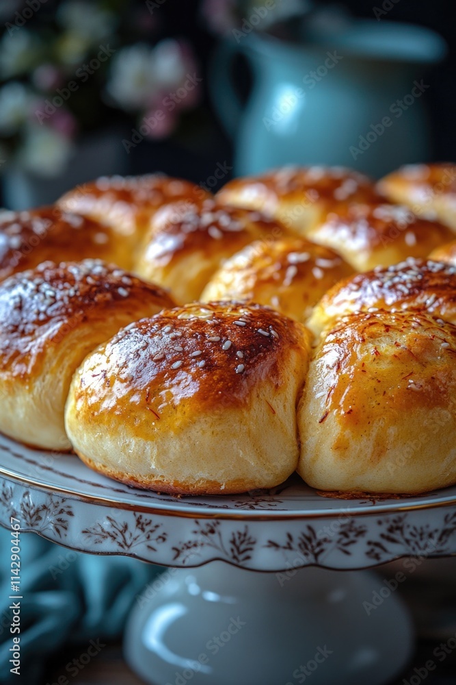 Freshly baked buns on a wooden table, ready for serving Freshly baked buns on a wooden table, ready for serving