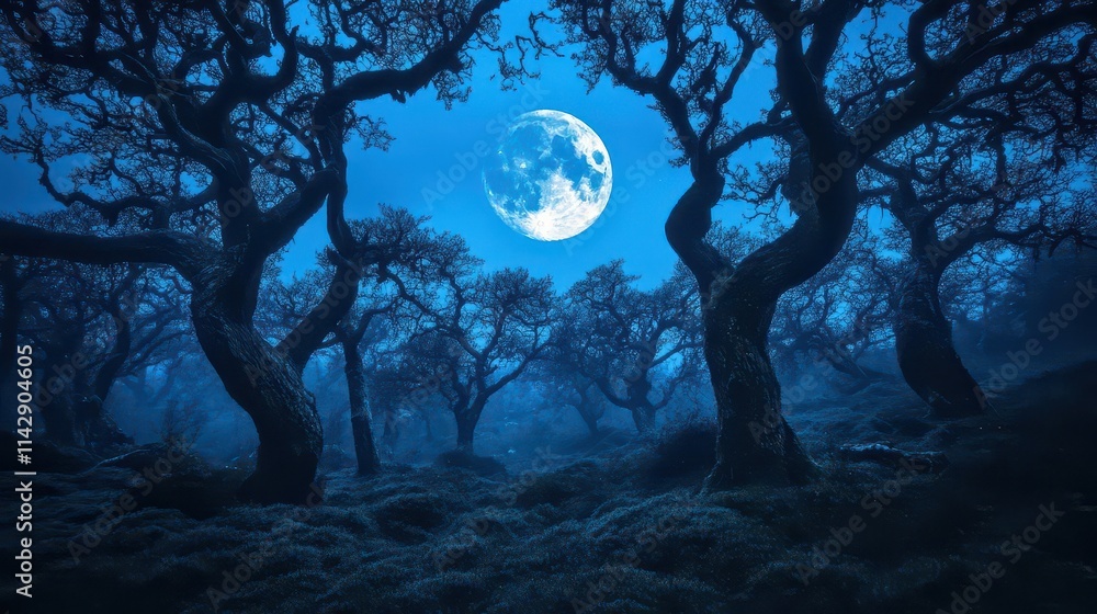 panoramic view of a dark, eerie forest at night, twisted trees silhouetted against a full moon, creating a magical yet spooky atmosphere, reminiscent of a fairy tale gone dark panoramic view of a dark, eerie forest at night, twisted trees silhouetted against a full moon, creating a magical yet spooky atmosphere, reminiscent of a fairy tale gone dark