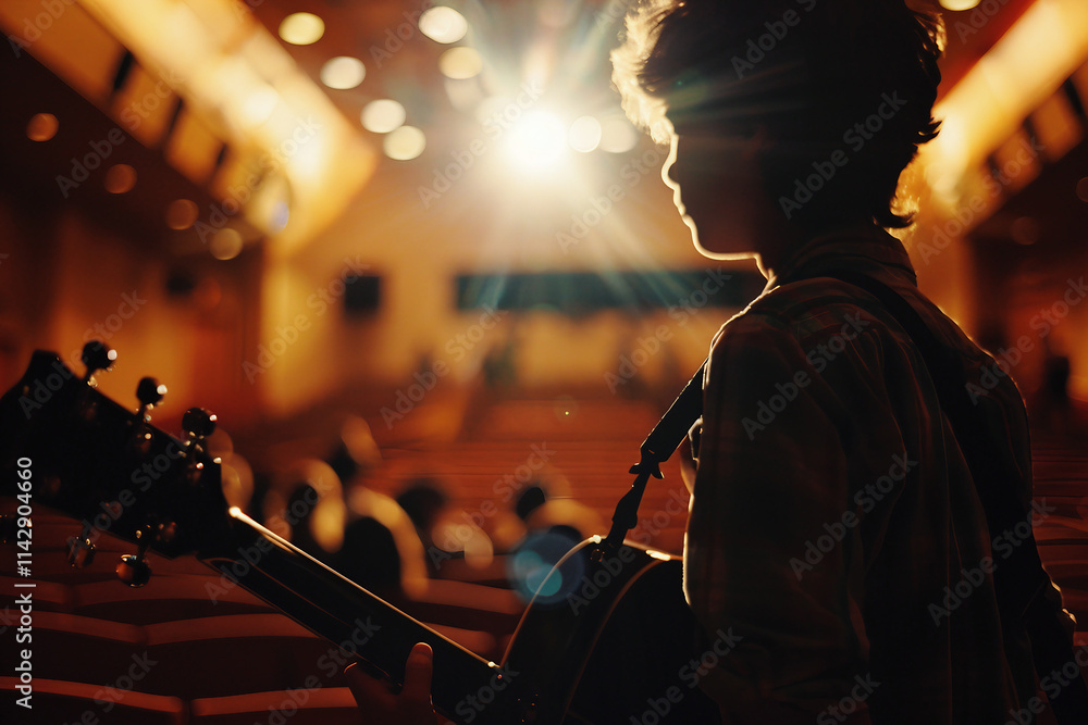 Obraz premium Young performer on stage under stage lights generative ai image