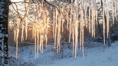 Sunlit ice formations hanging from a tree branch in a snowy winter forest at sunrise.