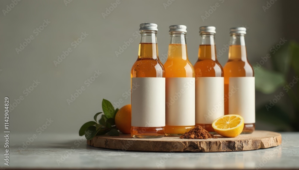 Beverage Packaging Mockup. Bottles of refreshing drink with blank labels, arranged on wooden board with lemon and orange, copy space Beverage Packaging Mockup. Bottles of refreshing drink with blank labels, arranged on wooden board with lemon and orange, copy space