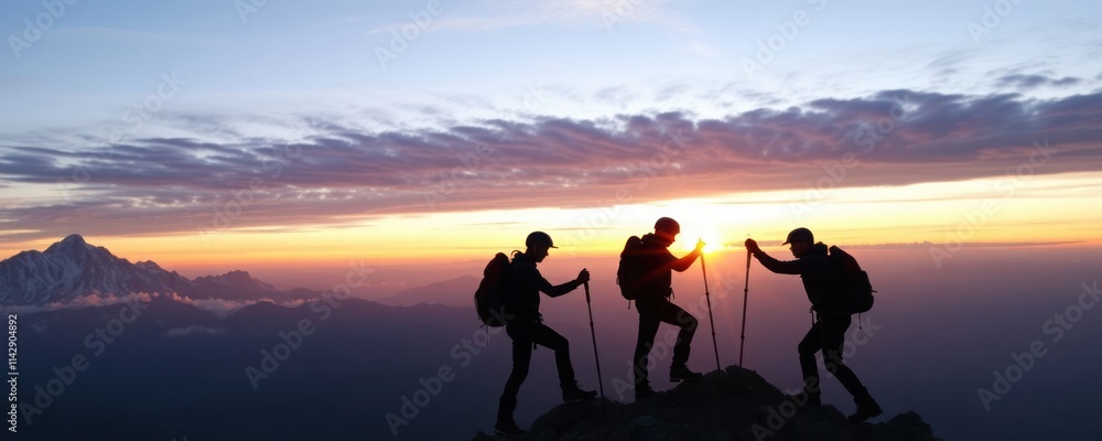 Mountaineers climb mountain peak at sunrise. Teamwork, support shown. Adventurous people on expedition. Inspiring image of nature, success. Mountain landscape. Beautiful sunrise. Climbers use hiking Mountaineers climb mountain peak at sunrise. Teamwork, support shown. Adventurous people on expedition. Inspiring image of nature, success. Mountain landscape. Beautiful sunrise. Climbers use hiking