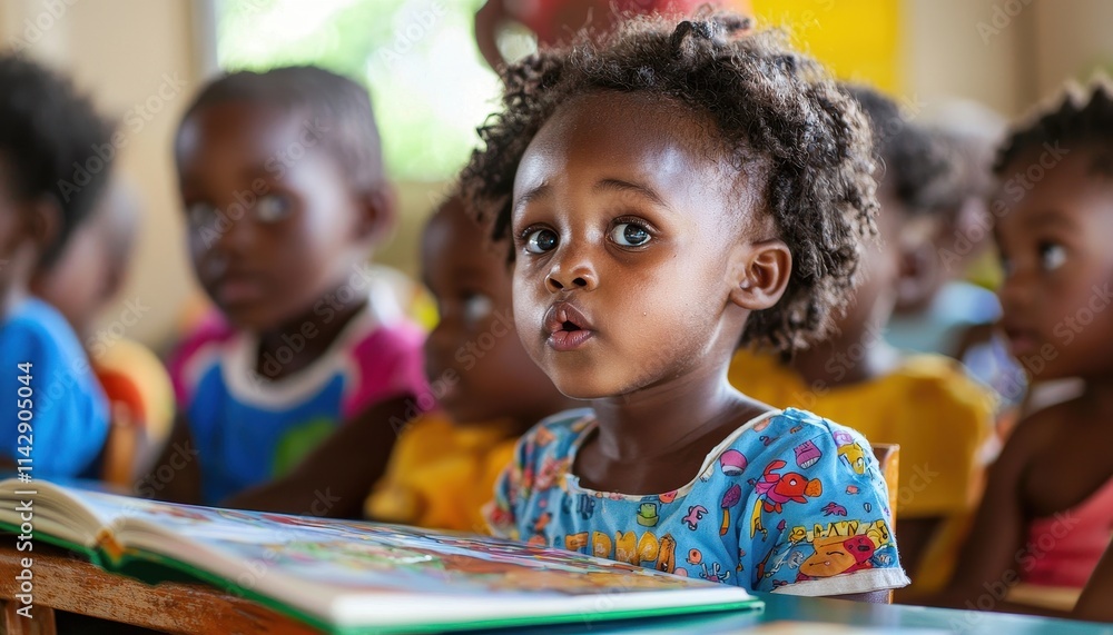 Curious young girl engaged in reading at colorful classroom filled with children and vibrant learning environment Curious young girl engaged in reading at colorful classroom filled with children and vibrant learning environment