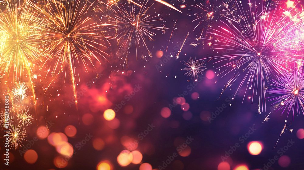 Fototapeta premium Fireworks panoramic background with copyspace Christmas new year and holiday night party web banner