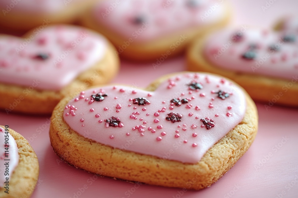 Close-up shot of a heart-shaped cookie on a pink surface, great for food and dessert images Close-up shot of a heart-shaped cookie on a pink surface, great for food and dessert images