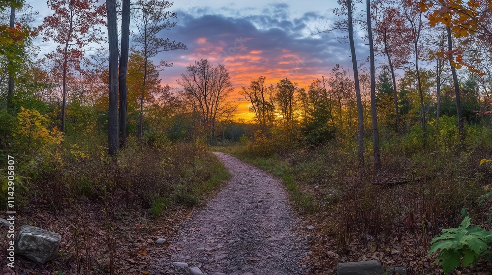 pathway through autumn woods, enveloped in vibrant fall foliage, leading towards a glowing sunset, embodying a sense of hope and natural beauty pathway through autumn woods, enveloped in vibrant fall foliage, leading towards a glowing sunset, embodying a sense of hope and natural beauty