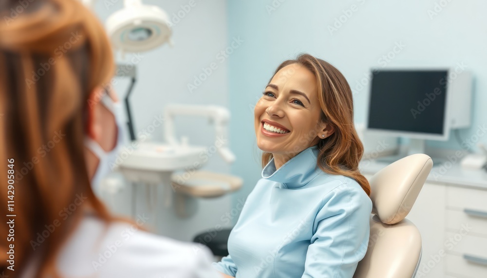 Happy woman sits in dental chair. Dentist prepares for procedure. Positive vibes in modern clinic. Patient feels relief, happiness. Pro care, communication. Dental treatment appointment in progress. Happy woman sits in dental chair. Dentist prepares for procedure. Positive vibes in modern clinic. Patient feels relief, happiness. Pro care, communication. Dental treatment appointment in progress.
