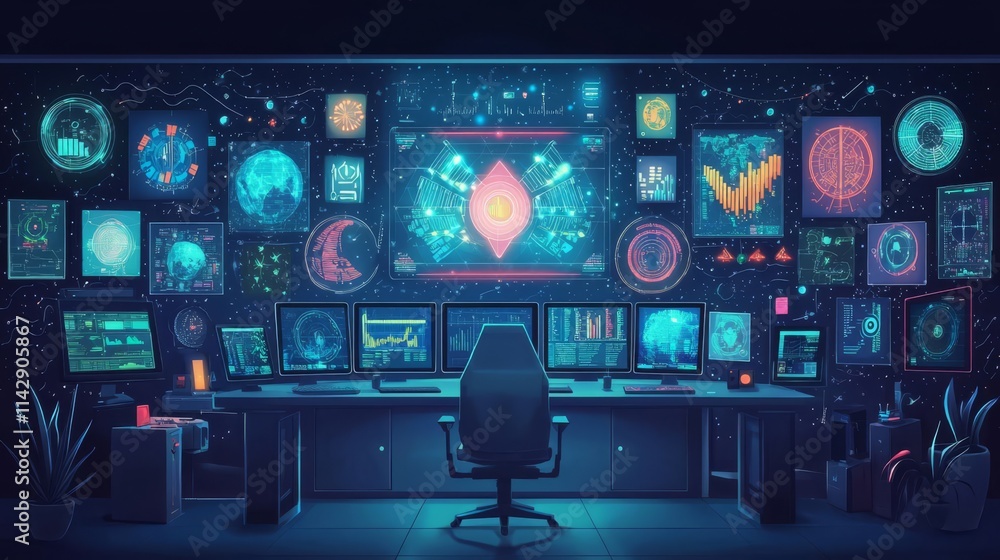 Futuristic tech workspace with illuminated screens and modern decor. Futuristic tech workspace with illuminated screens and modern decor.