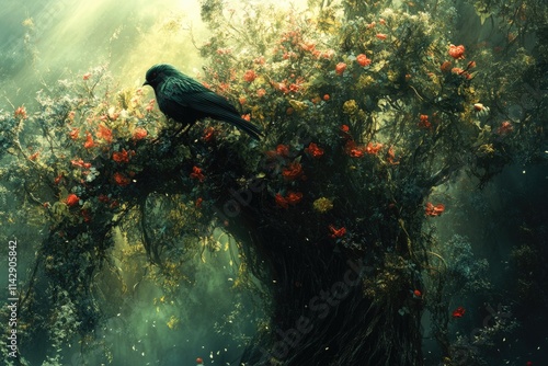 A black bird sits on the top of a tree, looking around