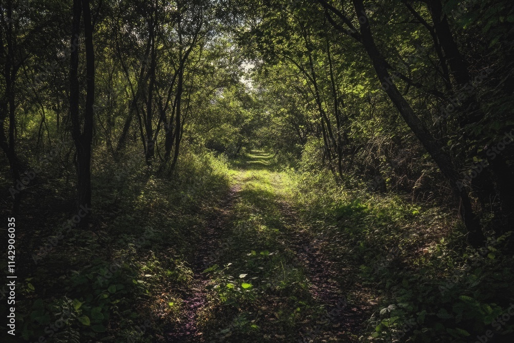 A dirt path through dense forest foliage A dirt path through dense forest foliage