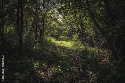 A dirt path through dense forest foliage