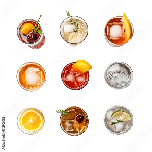 Collection top view of glasses with Summer Soda colorful drinks menu isolated or on white background, mocktail or cocktail for refreshing.	
 photo