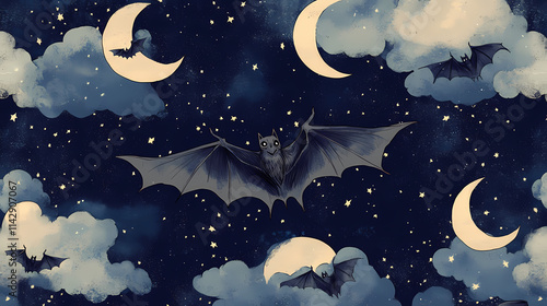 In this whimsical night sky pattern, bats swoop gracefully over stylized moons and clouds. Nocturne. Illustration photo