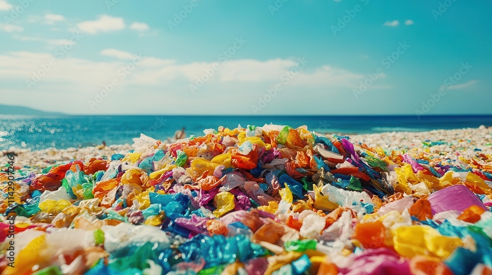 piles of colorful plastic waste collected on a beach, highlighting the environmental crisis and the urgent need for awareness and responsibility towards waste management piles of colorful plastic waste collected on a beach, highlighting the environmental crisis and the urgent need for awareness and responsibility towards waste management