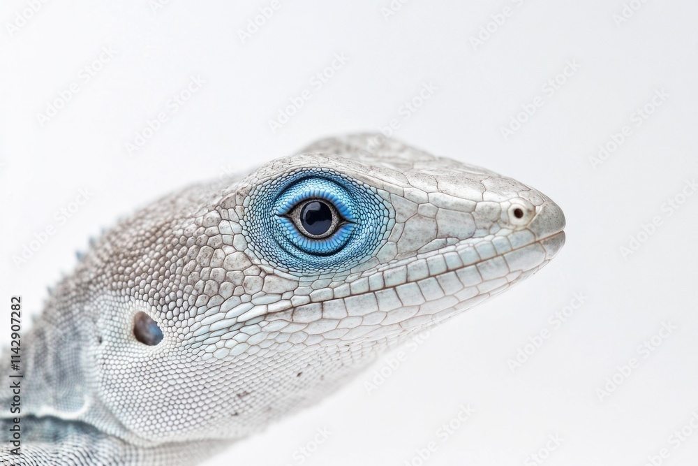 A detailed view of a reptile's facial features, highlighting its striking blue-colored eye A detailed view of a reptile's facial features, highlighting its striking blue-colored eye