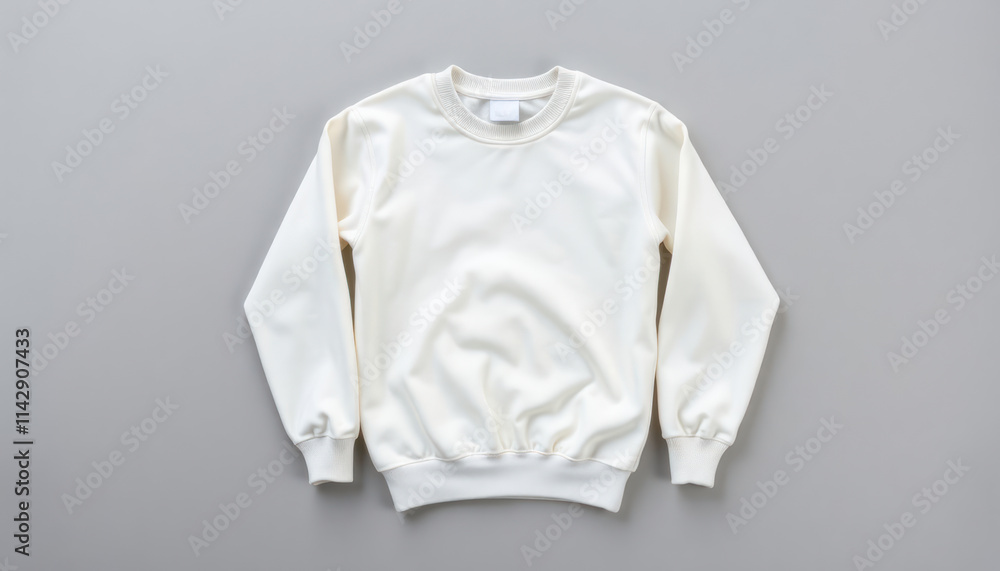 Plain white crew-neck sweatshirt lies flat on grey background. Natural studio lighting highlights soft fabric texture. Versatile casual garment suitable for daily wear home use. Minimalist design Plain white crew-neck sweatshirt lies flat on grey background. Natural studio lighting highlights soft fabric texture. Versatile casual garment suitable for daily wear home use. Minimalist design
