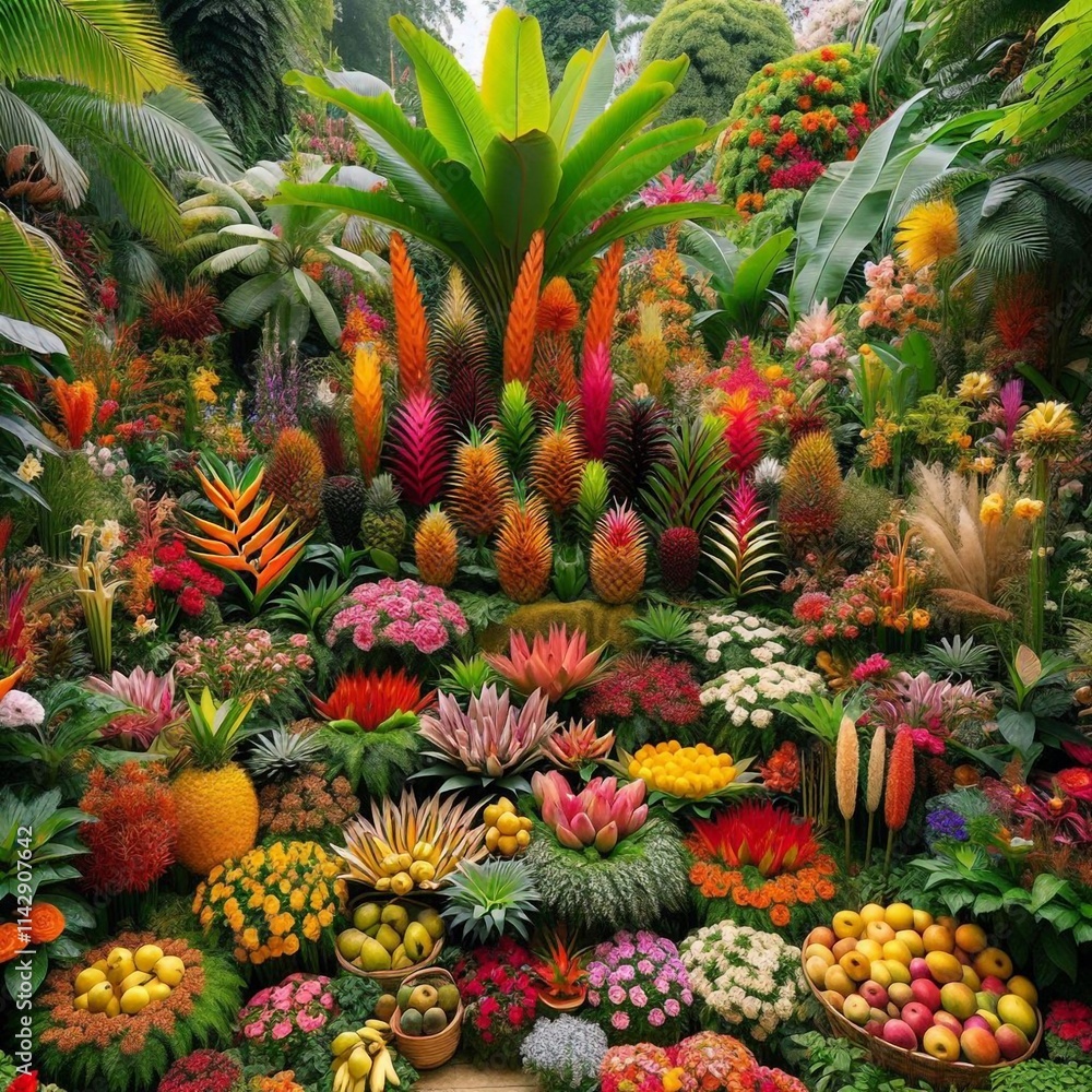 Fototapeta premium A lush tropical garden with a variety of colorful flowers, plants, and fruits arranged in a visually stunning display.