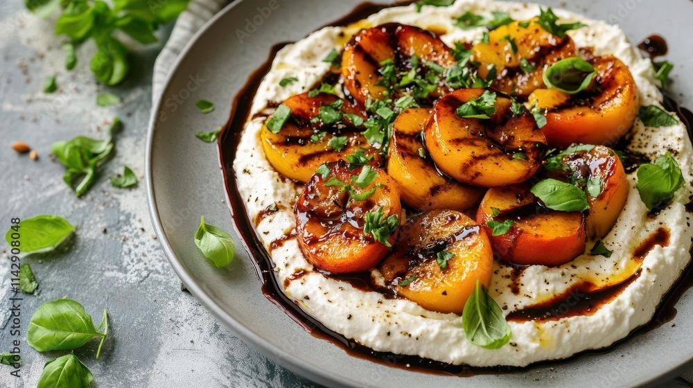 plate of whipped ricotta cheese topped with succulent roasted peaches and drizzled balsamic glaze, garnished with fresh herbs, creating an inviting and delicious dish presentation plate of whipped ricotta cheese topped with succulent roasted peaches and drizzled balsamic glaze, garnished with fresh herbs, creating an inviting and delicious dish presentation
