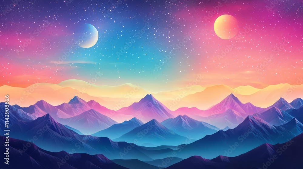 A vibrant twilight landscape with mountains and celestial bodies. A vibrant twilight landscape with mountains and celestial bodies.
