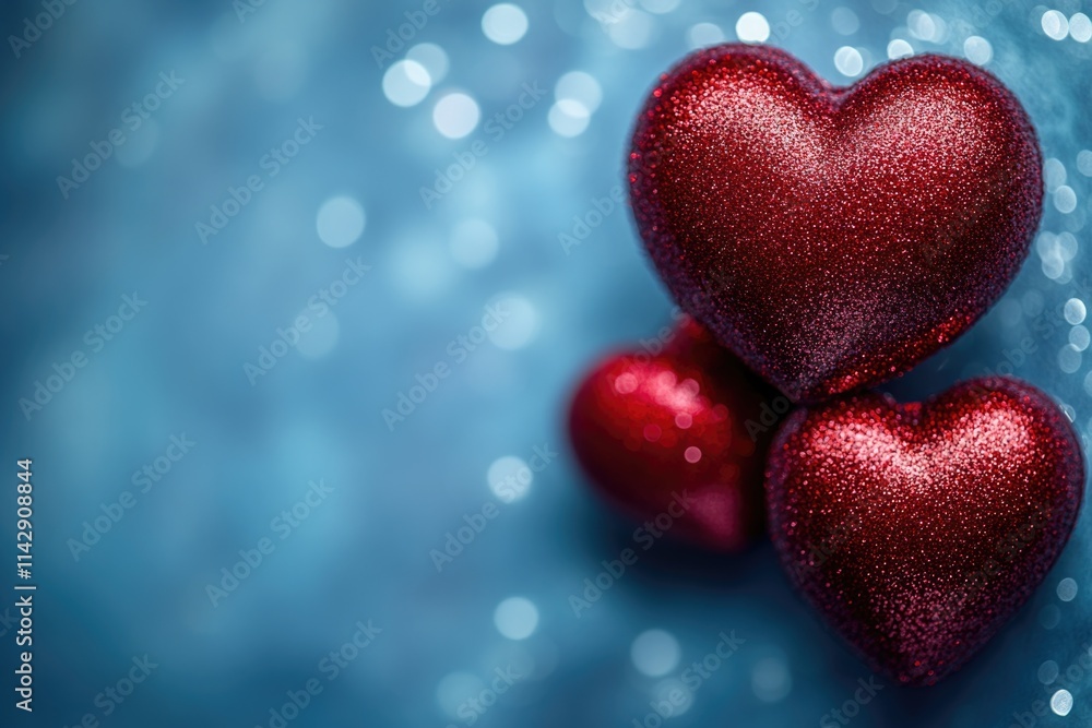 Fototapeta premium Two red hearts sit side by side on a blue background