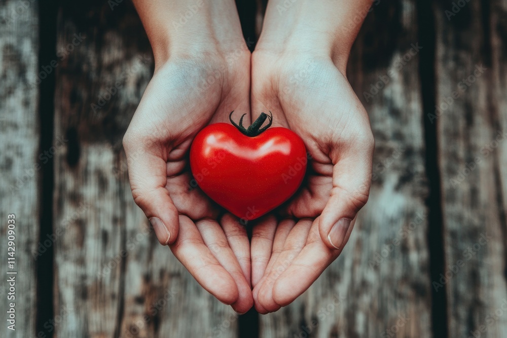 Hands Gently Cradling a Bright Red Heart Symbolizing Love, Compassion, and Care Against a Rustic Wooden Background for Emotional Connection and Well-being Hands Gently Cradling a Bright Red Heart Symbolizing Love, Compassion, and Care Against a Rustic Wooden Background for Emotional Connection and Well-being