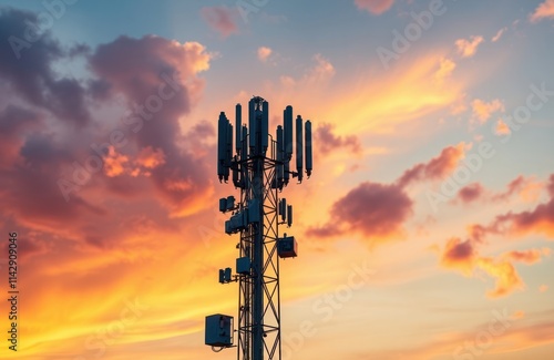 Telecommunication tower stands tall against colorful sunset sky. Metal structure supports 5G antennas. Modern tech equipment transmits signals. Wireless communication systems operate at high