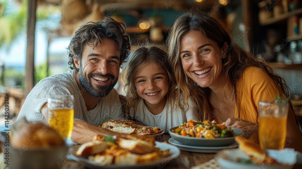 A family gathered around the table for a meal, plates filled with various foods A family gathered around the table for a meal, plates filled with various foods