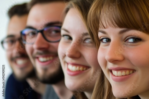 A group of people smiling and posing for a photo shoot