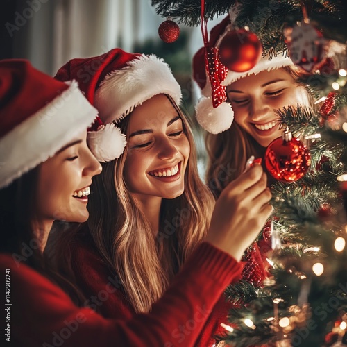 Merry helpers trim a festive Christmas tree. photo