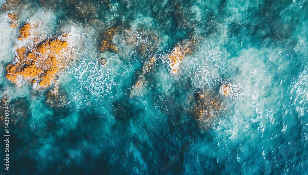 Fototapeta premium Aerial view of turquoise ocean water with yellow rocks and white waves.