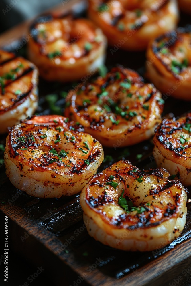 Close up of a tray of grilled shrimp with appetizing appearance, suitable for food or seafood themed concepts Close up of a tray of grilled shrimp with appetizing appearance, suitable for food or seafood themed concepts
