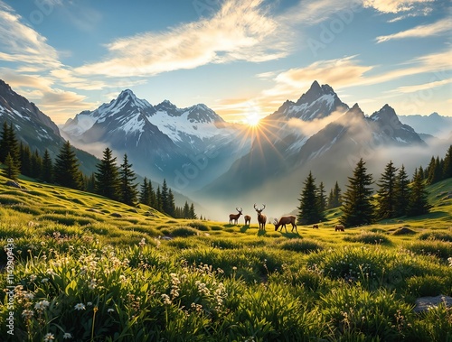 mountainous landscape with a group of people and horses grazing on lush green grass. The sun is setting or rising, casting a warm golden light over the scene. photo