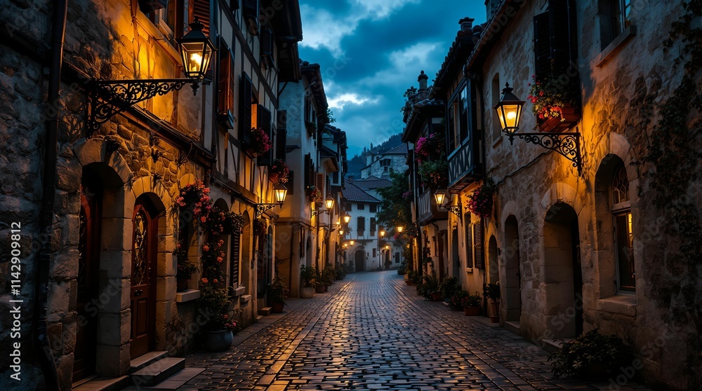 The image depicts a cobblestone street in a medieval village at dusk, with old buildings and street lamps casting a warm glow. The image depicts a cobblestone street in a medieval village at dusk, with old buildings and street lamps casting a warm glow.