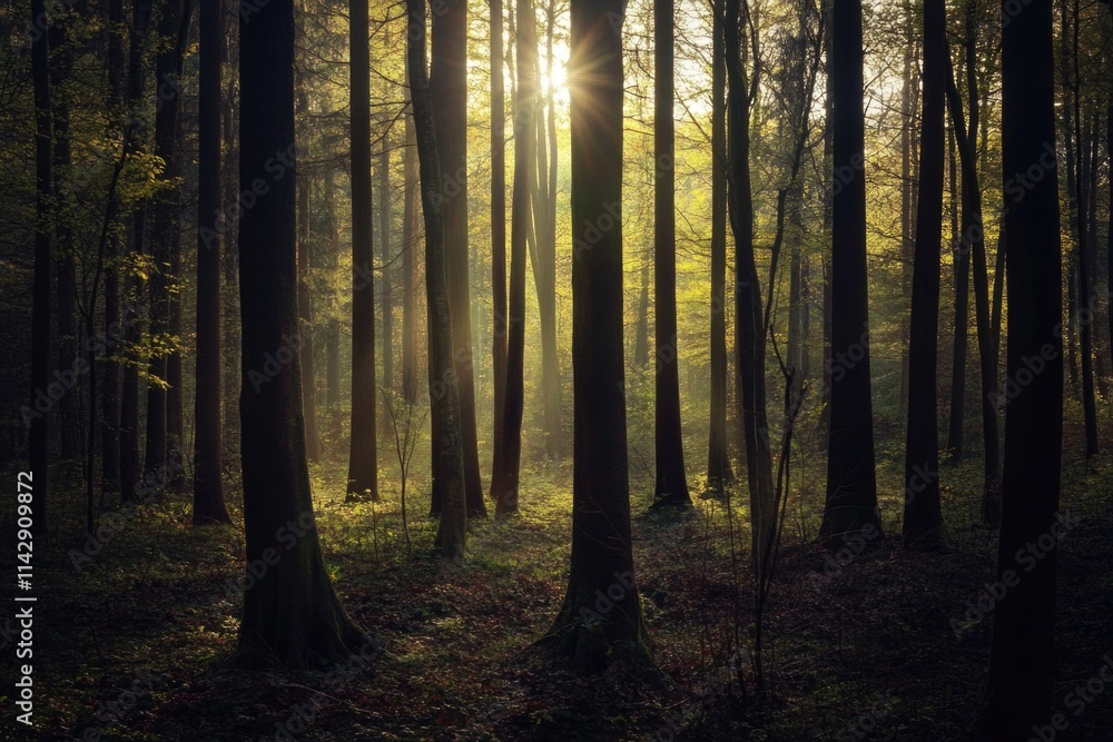Naklejka premium Bright sunlight shining down on a dense forest, highlighting the dappled light and shadow