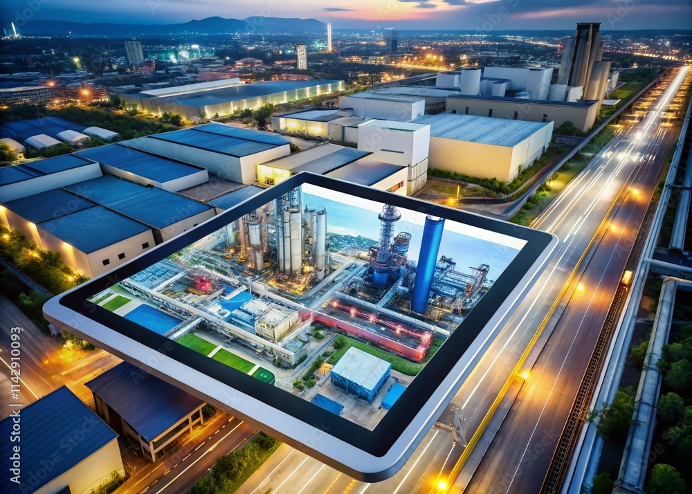 Smart Factory Data Visualization: Aerial View of Sleek Tablet Displaying Operational Metrics Smart Factory Data Visualization: Aerial View of Sleek Tablet Displaying Operational Metrics