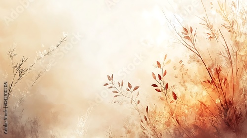 Abstract Autumnal Floral Watercolor Painting Of Plants